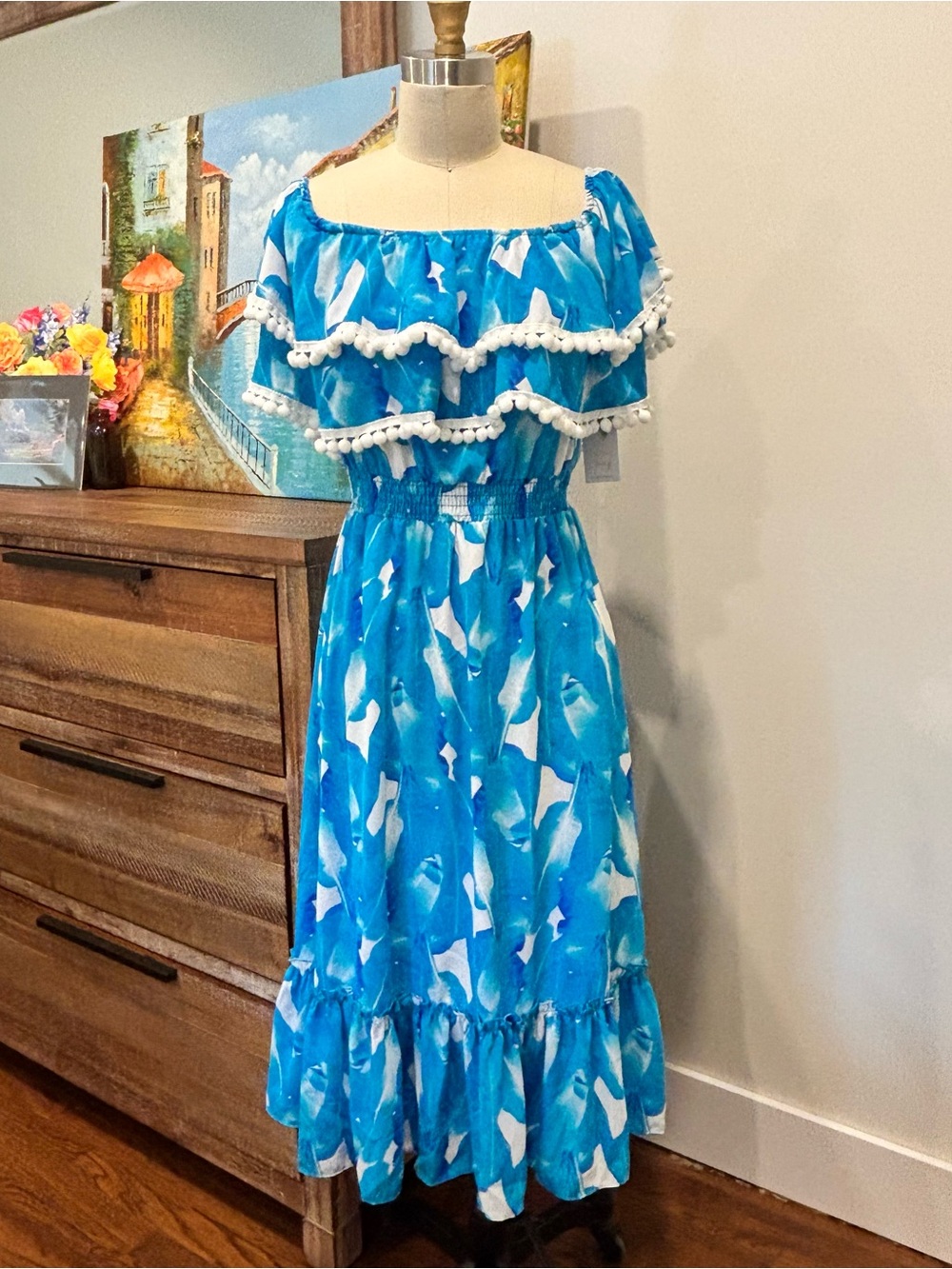 Aura Blue & White Off-Shoulder Pom-Trim Maxi Dress